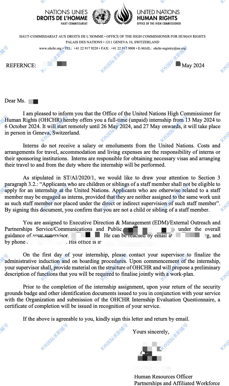OHCHR 联合国人权事务高级专员办事处实习录用通知 · 日内瓦(已脱敏)